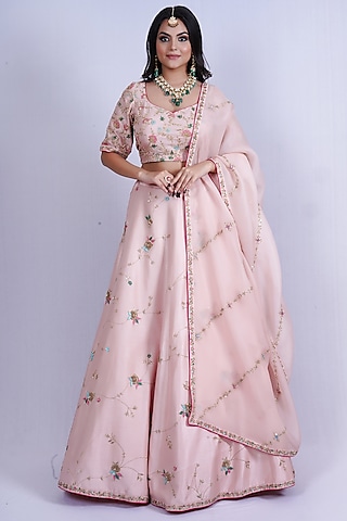 Blush Pink Embroidered Lehenga Set by Tassels