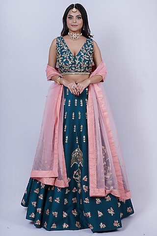 Turquoise Blue Embroidered Lehenga Set by Tassels