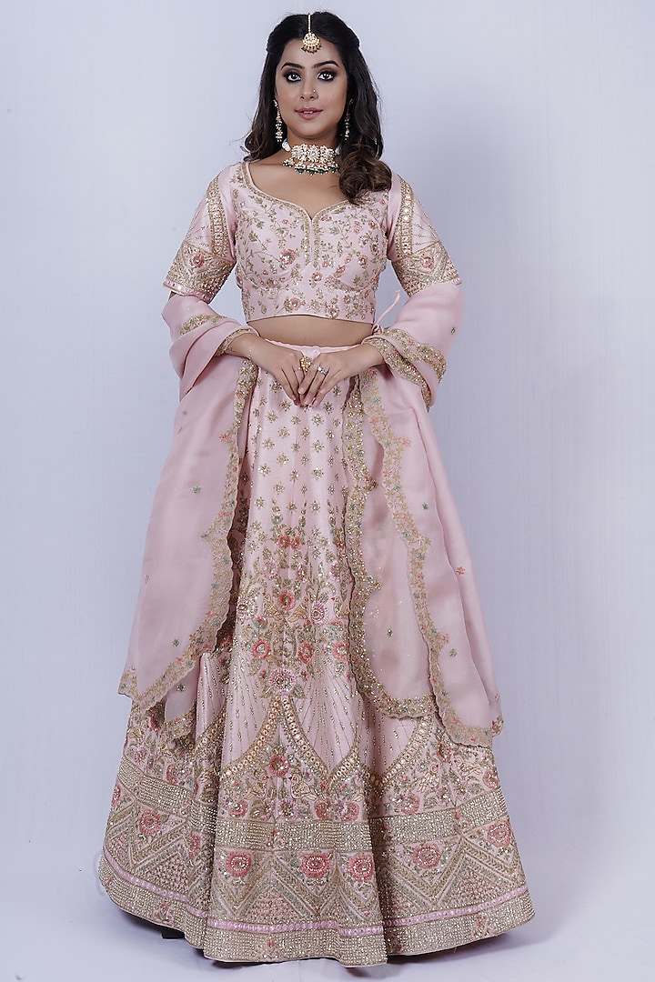 Baby Pink Embroidered Lehenga Set by Tassels