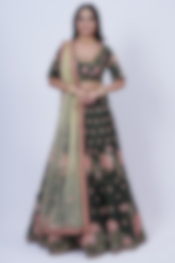 Olive Green Hand Embroidered Lehenga Set by Tassels