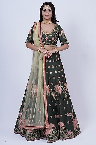 Olive Green Hand Embroidered Lehenga Set by Tassels