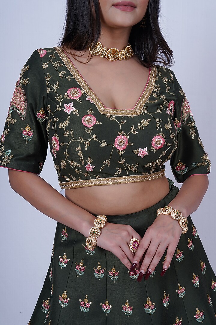 Olive Green Hand Embroidered Wedding Lehenga Set by Tassels at Pernia's Pop Up Shop