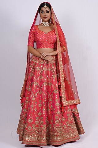 Rusty Orange Hand Embroidered Lehenga Set by Tassels