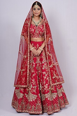 Crimson Red Embroidered Lehenga Set by Tassels