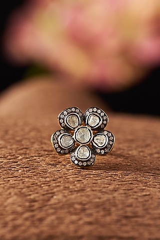 Two Tone Finish Diamond Floral Ring In Sterling Silver by The Alchemy Studio