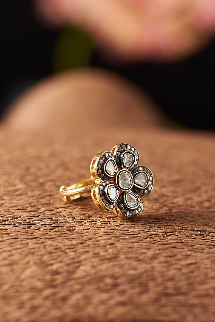 Two Tone Finish Diamond Floral Ring In Sterling Silver by The Alchemy Studio at Pernia's Pop Up Shop