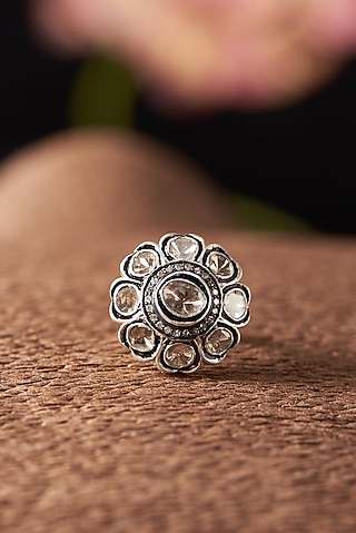Two Tone Finish Diamond Floral Ring In Sterling Silver by The Alchemy Studio
