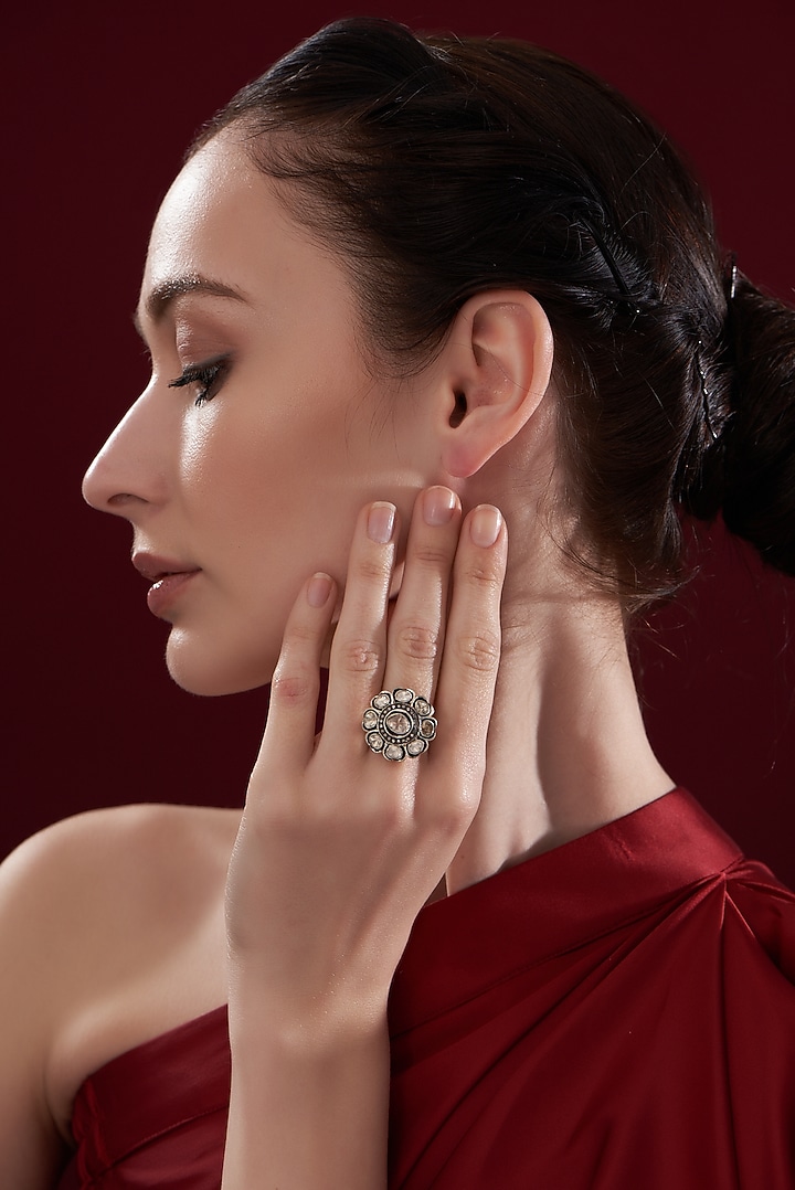 Two Tone Finish Diamond Floral Ring In Sterling Silver by The Alchemy Studio at Pernia's Pop Up Shop