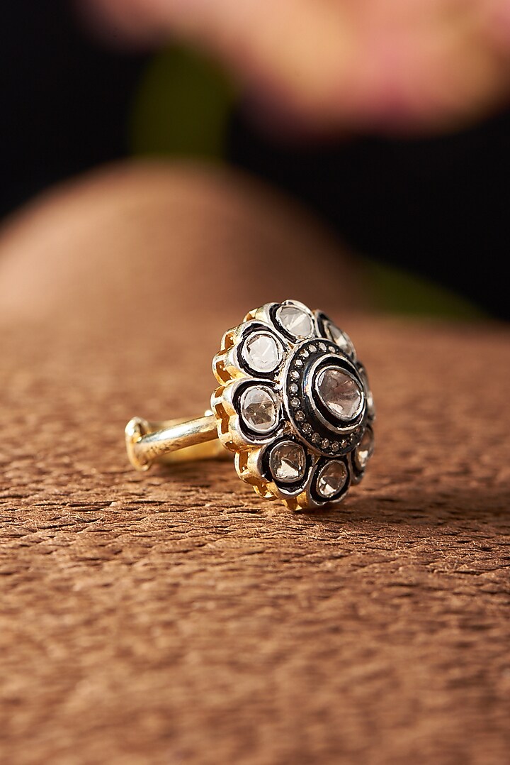 Two Tone Finish Diamond Floral Ring In Sterling Silver by The Alchemy Studio at Pernia's Pop Up Shop