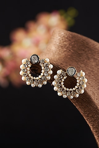 Two Tone Finish Pearl & Diamond Hoop Earrings In Sterling Silver by The Alchemy Studio