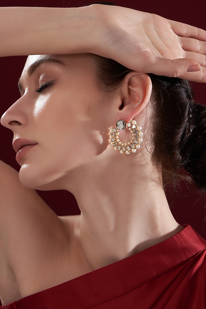 Two Tone Finish Pearl & Diamond Hoop Earrings In Sterling Silver by The Alchemy Studio at Pernia's Pop Up Shop