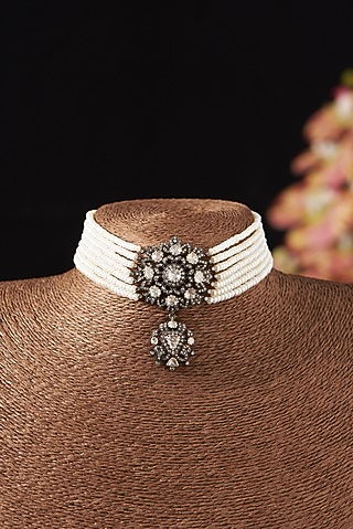 Two Tone Finish Emerald & Diamond Choker Necklace In Sterling Silver by The Alchemy Studio