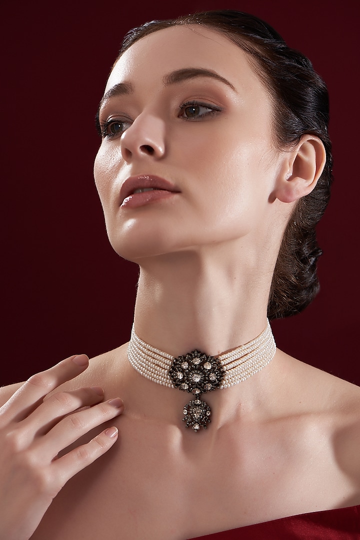 Two Tone Finish Emerald & Diamond Choker Necklace In Sterling Silver by The Alchemy Studio at Pernia's Pop Up Shop