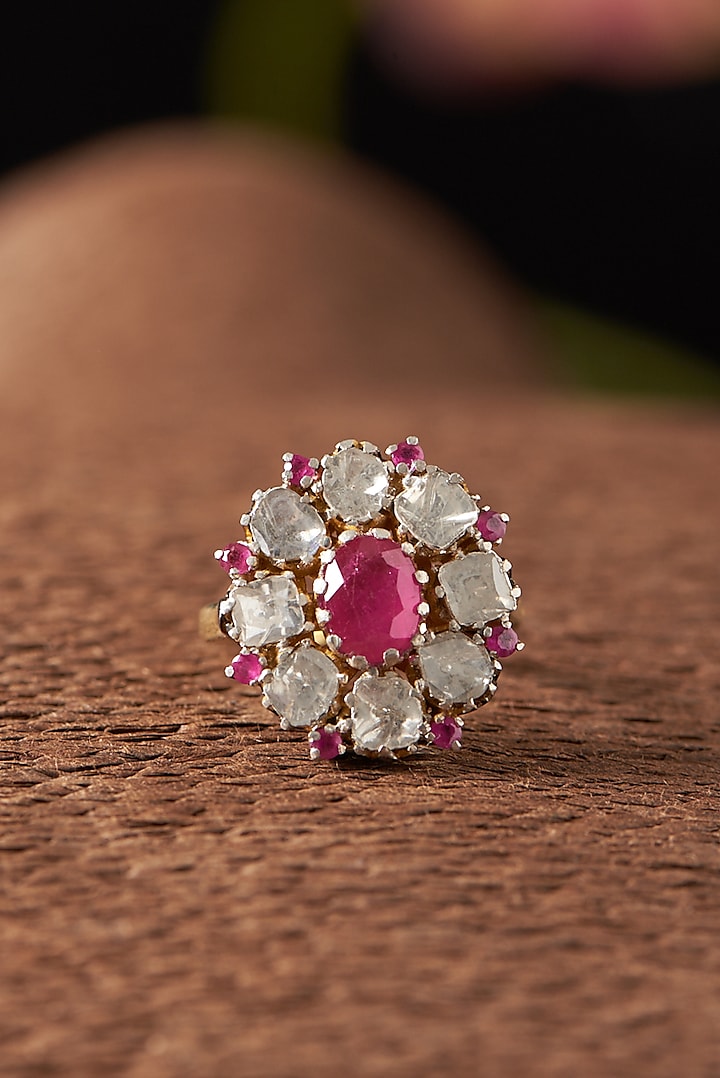 Two Tone Finish Ruby & Diamond Floral Ring In Sterling Silver by The Alchemy Studio at Pernia's Pop Up Shop