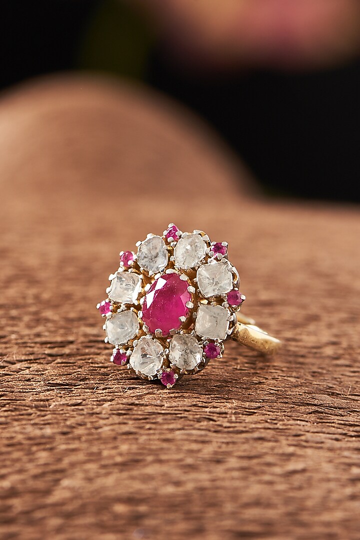 Two Tone Finish Ruby & Diamond Floral Ring In Sterling Silver by The Alchemy Studio at Pernia's Pop Up Shop
