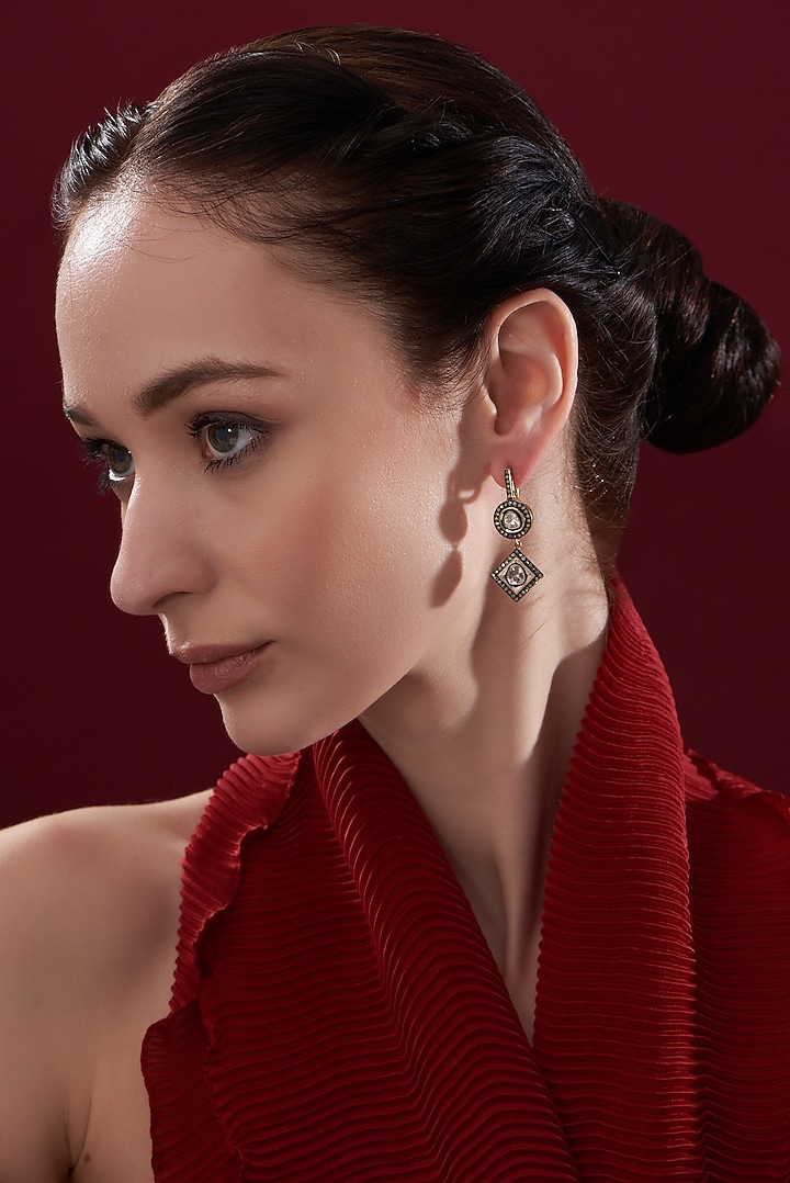 Two Tone Finish Diamond Dangler Earrings In Sterling Silver by The Alchemy Studio at Pernia's Pop Up Shop