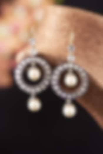 Two Tone Finish Pearl & Diamond Dangler Earrings In Sterling Silver by The Alchemy Studio
