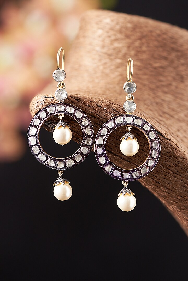 Two Tone Finish Pearl & Diamond Dangler Earrings In Sterling Silver by The Alchemy Studio