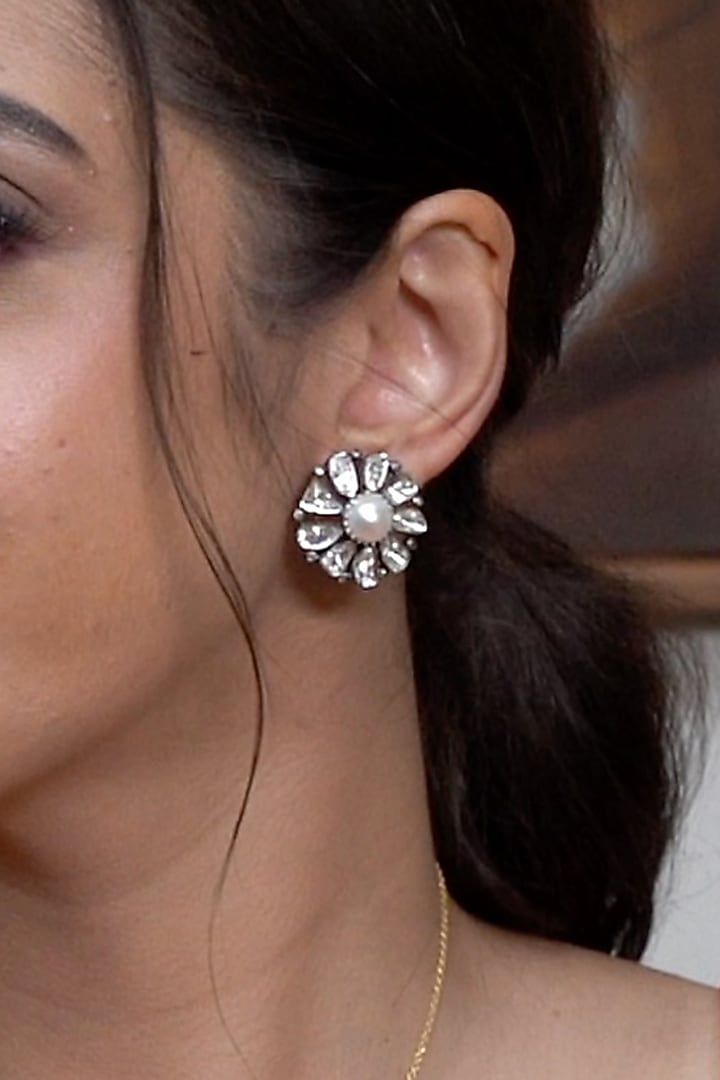 Two-Tone Finish Pearl Stud Earrings In Sterling Silver by The Alchemy Studio at Pernia's Pop Up Shop