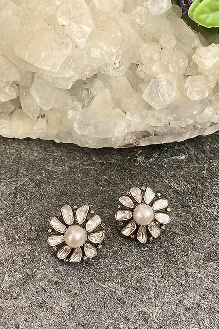 Two-Tone Finish Pearl Stud Earrings In Sterling Silver by The Alchemy Studio at Pernia's Pop Up Shop
