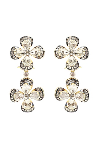 Two-Tone Finish Diamond Polki & Single-Cut Diamond Dangler Earrings In Sterling Silver by The Alchemy Studio