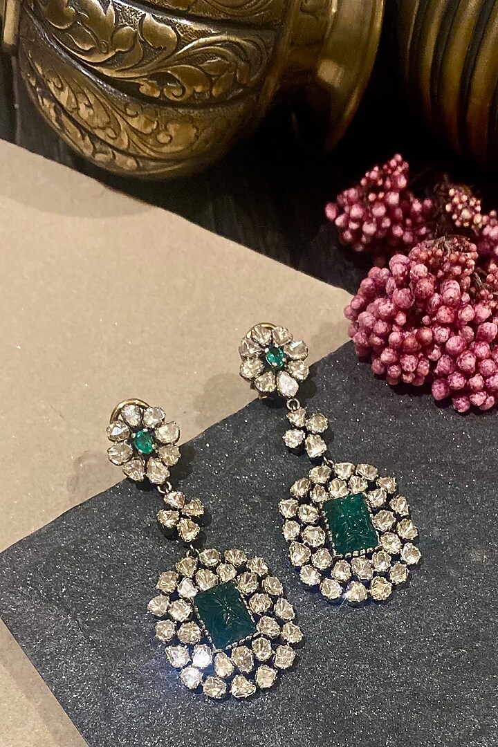 Two-Tone Finish Zambian Emerald Dangler Earrings In Sterling Silver by The Alchemy Studio at Pernia's Pop Up Shop