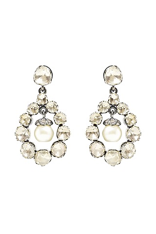 Two-Tone Finish Diamond Polki & Pearl Dangler Earrings In Sterling Silver by The Alchemy Studio