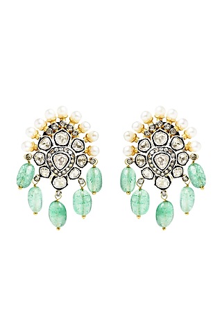 Two-Tone Finish Pearl & Emerald Dangler Earrings In Sterling Silver by The Alchemy Studio