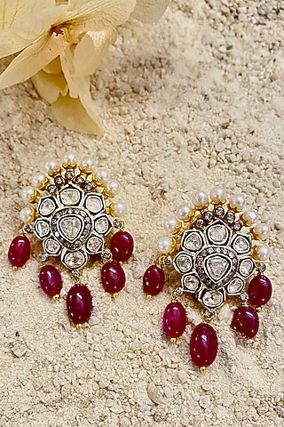 Two-Tone Finish Pearl & Ruby Dangler Earrings In Sterling Silver by The Alchemy Studio