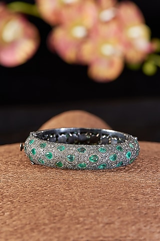 Two Tone Finish Single Cut Diamond & Emerald Bangle In Sterling Silver by The Alchemy Studio