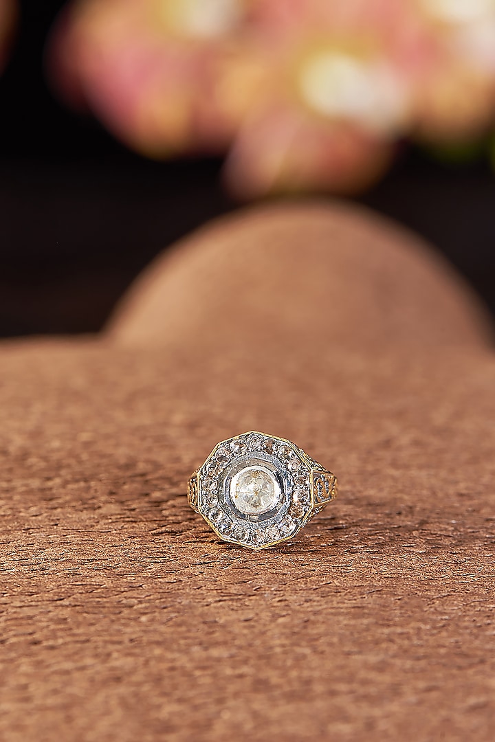 Two Tone Finish Polki Diamond & Single Cut Diamond Ring In Sterling Silver by The Alchemy Studio