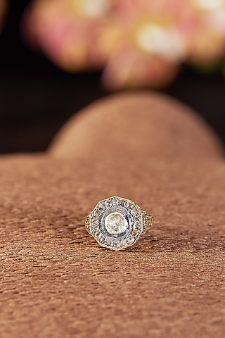 Two Tone Finish Polki Diamond & Single Cut Diamond Ring In Sterling Silver by The Alchemy Studio
