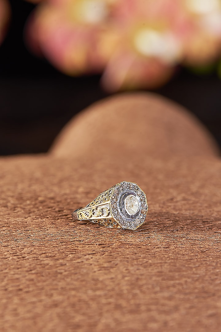 Two Tone Finish Polki Diamond & Single Cut Diamond Ring In Sterling Silver by The Alchemy Studio at Pernia's Pop Up Shop
