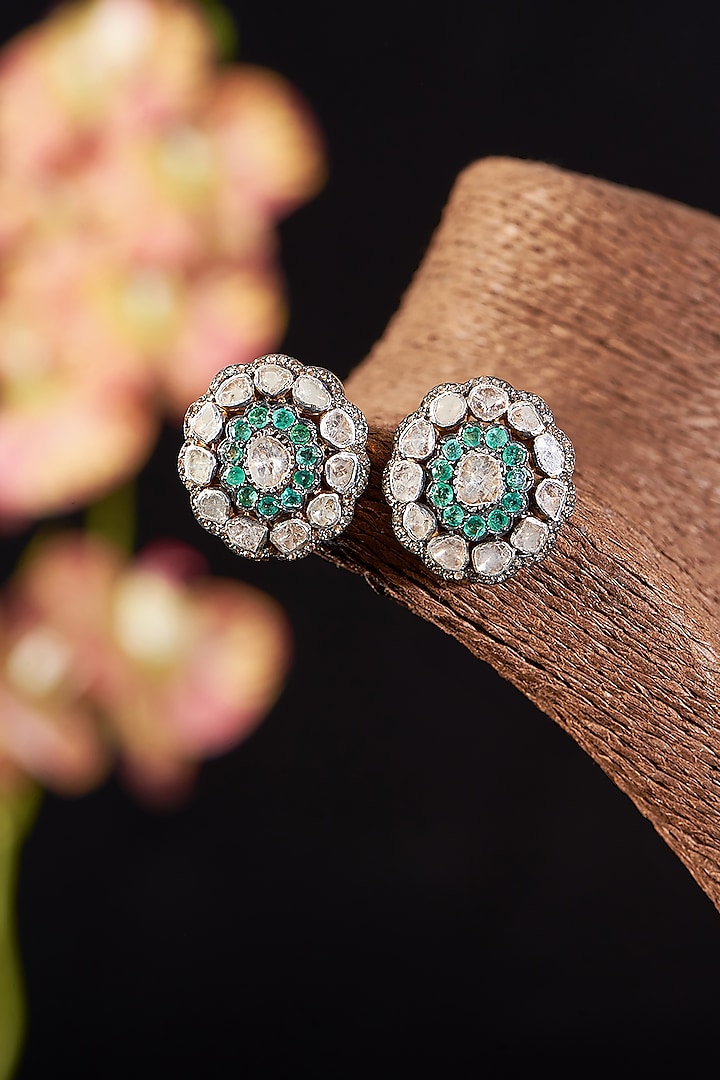 Two Tone Finish Single Cut Diamond & Emerald Stud Earrings In Sterling Silver by The Alchemy Studio