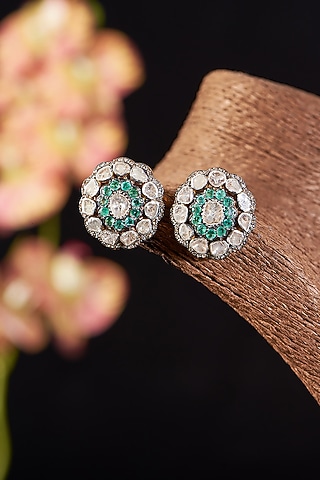 Two Tone Finish Single Cut Diamond & Emerald Stud Earrings In Sterling Silver by The Alchemy Studio