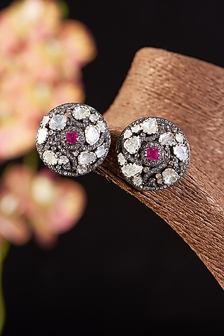 Two Tone Finish Single Cut Diamond & Ruby Stud Earrings In Sterling Silver by The Alchemy Studio