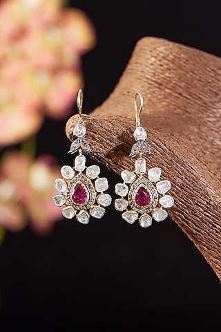 Two Tone Finish Single Cut Diamond & Ruby Dangler Earrings In Sterling Silver by The Alchemy Studio