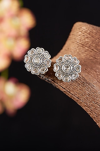 Two Tone Finish Single Cut Diamond & Polki Diamond Stud Earrings In Sterling Silver by The Alchemy Studio