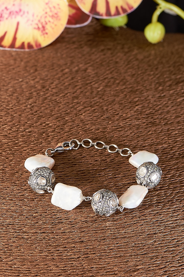 Two Tone Finish Single Cut Diamond & Baroque Pearl Bracelet In Sterling Silver by The Alchemy Studio at Pernia's Pop Up Shop