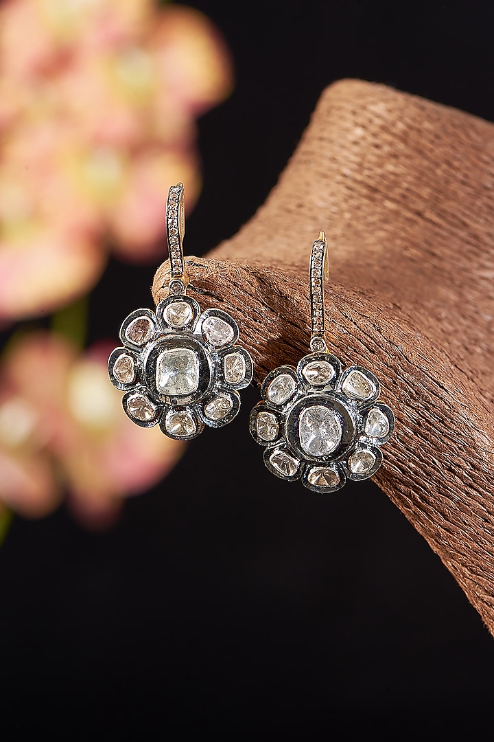 Two Tone Finish Single Cut Diamond & Polki Diamond Dangler Earrings In Sterling Silver by The Alchemy Studio