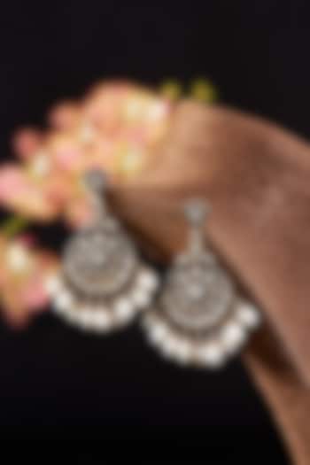 Two Tone Finish Single Cut Diamond & Pearl Chandbali Earrings In Sterling Silver by The Alchemy Studio