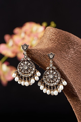 Two Tone Finish Single Cut Diamond & Pearl Chandbali Earrings In Sterling Silver by The Alchemy Studio
