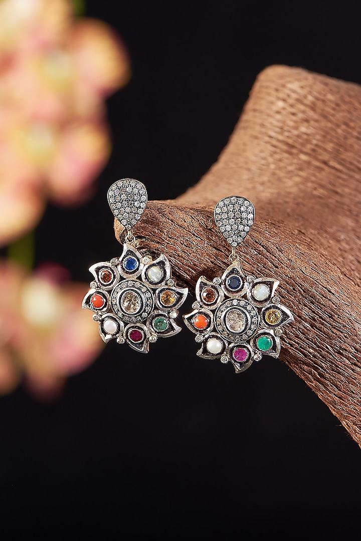 Two Tone Finish Single Cut Diamond & Natural Gemstone Dangler Earrings In Sterling Silver by The Alchemy Studio