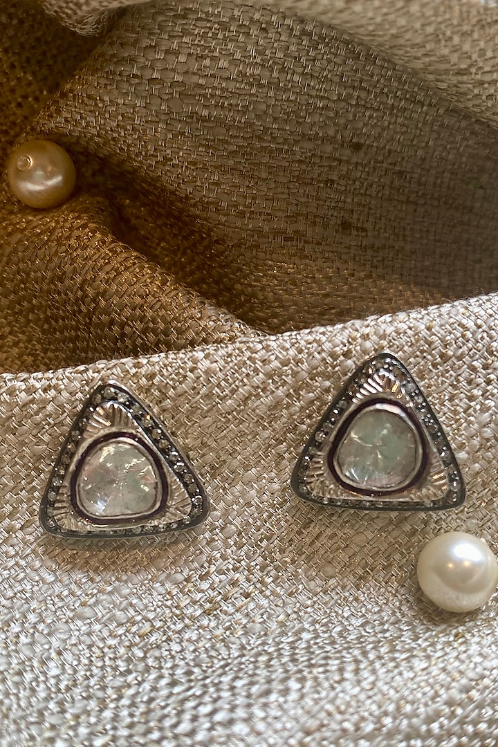 Two-Tone Finish Polki & Uncut Diamond Stud Earrings In Sterling Silver by The Alchemy Studio