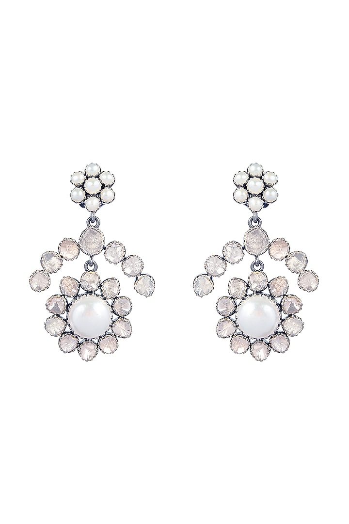 Black Rhodium Finish Pearl & Uncut Diamond Dangler Earrings In Sterling Silver by The Alchemy Studio at Pernia's Pop Up Shop