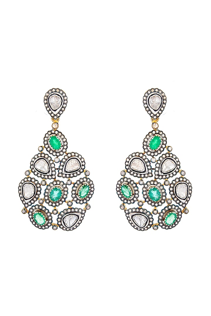Black Rhodium Finish Emerald & Uncut Diamond Dangler Earrings In Sterling Silver by The Alchemy Studio at Pernia's Pop Up Shop