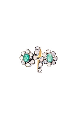 Two-Tone Finish Emerald & Uncut Diamond Ring In Sterling Silver by The Alchemy Studio