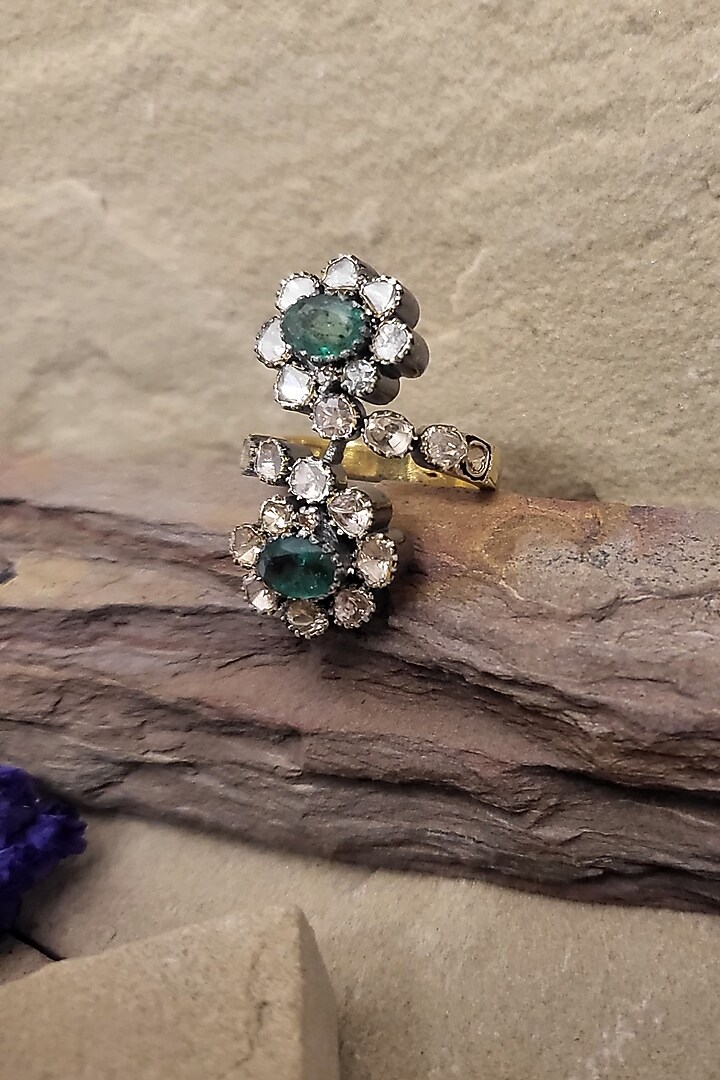 Two-Tone Finish Emerald & Uncut Diamond Ring In Sterling Silver by The Alchemy Studio at Pernia's Pop Up Shop