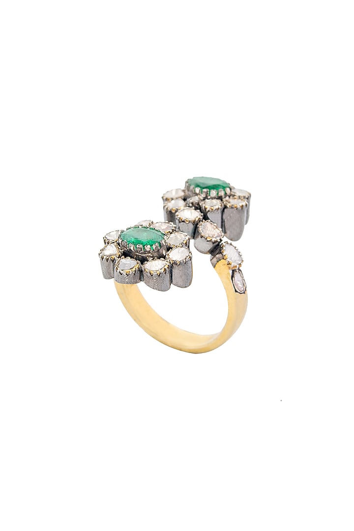Two-Tone Finish Emerald & Uncut Diamond Ring In Sterling Silver by The Alchemy Studio at Pernia's Pop Up Shop