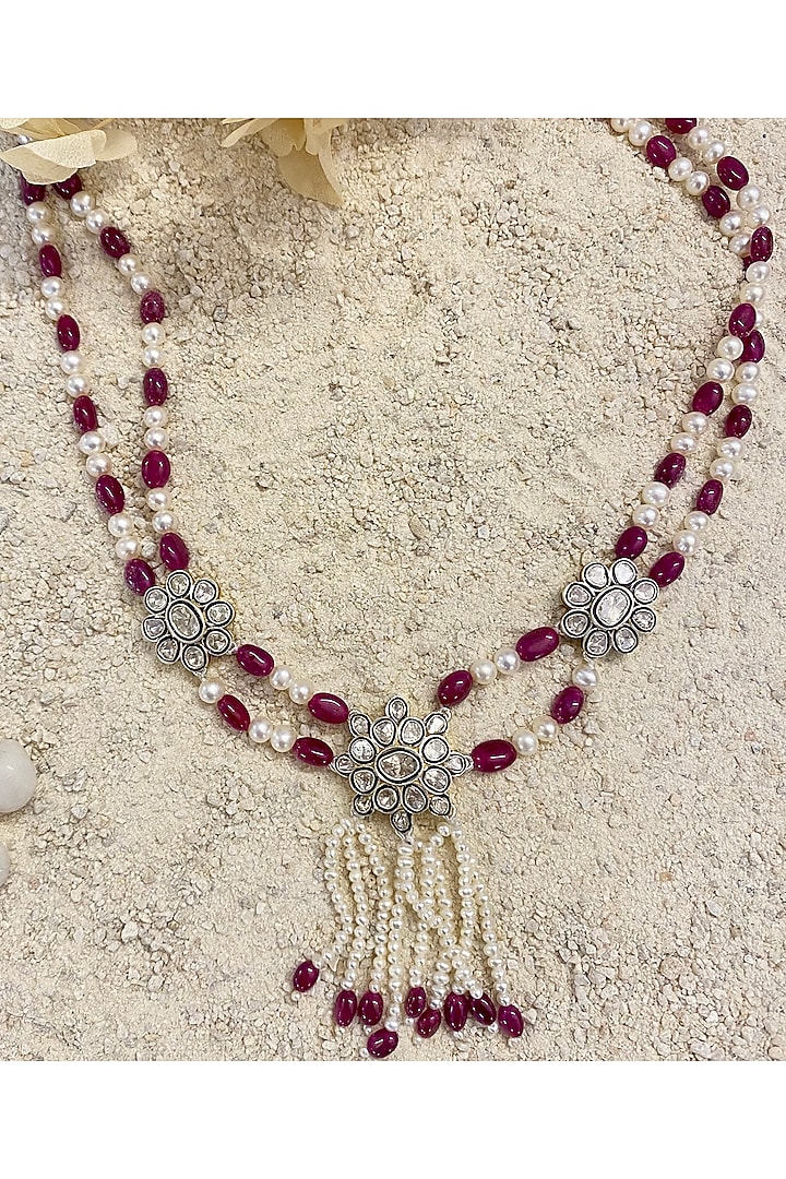 Two-Tone Finish Pearl & Ruby Necklace In Sterling Silver by The Alchemy Studio